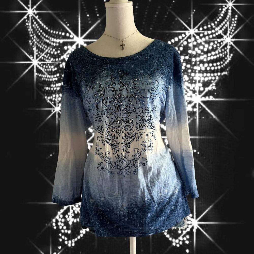 ornate baroque damask floral scroll print ombre blue whimsigoth top